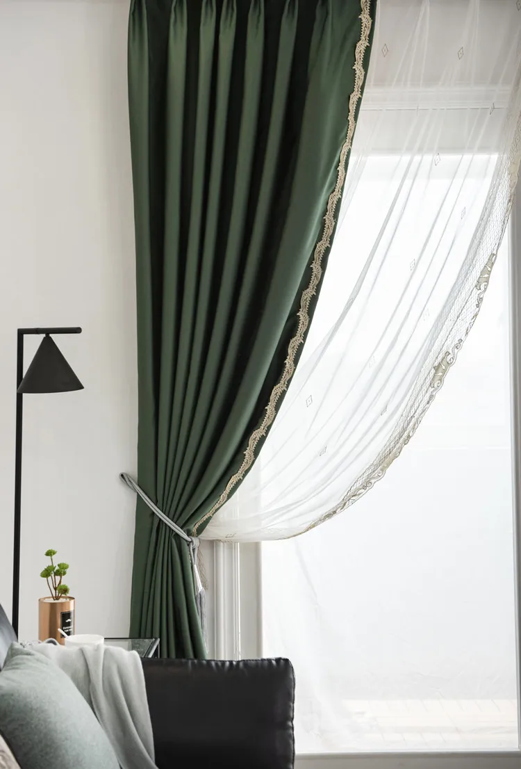 New Arrival Chinese Style Luxury Faux Silk Dark Green Window Curtains for Living Room Bedroom Embroidery Lace Drape