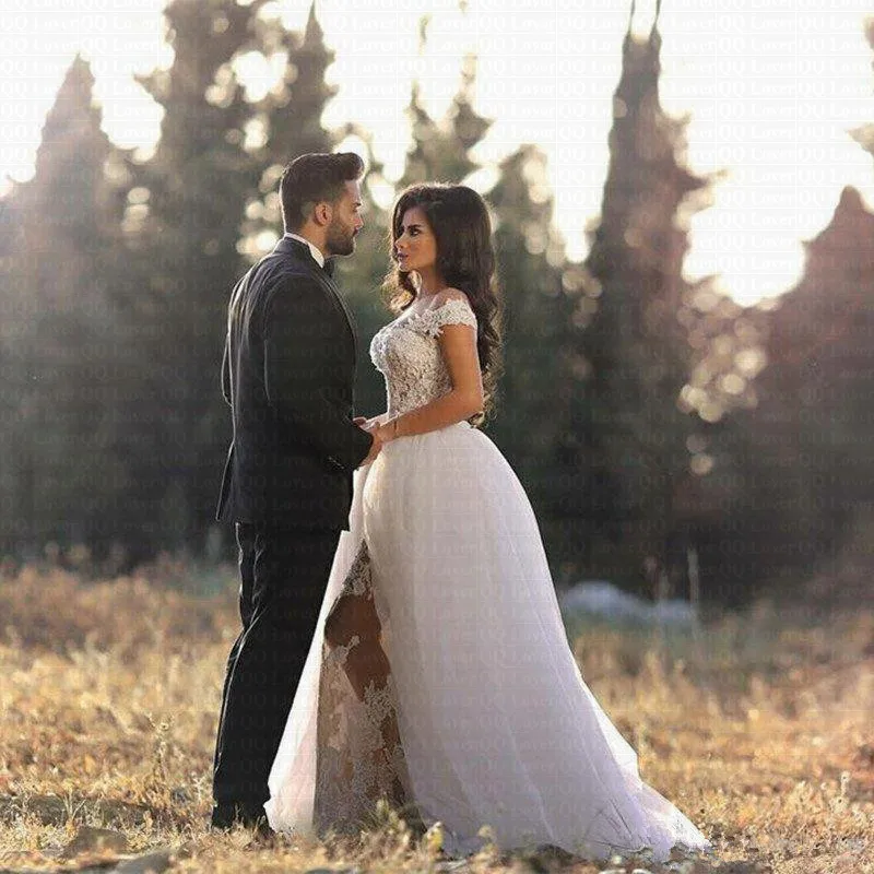 2019 New Arabic Romantic Off Shoulder Wedding Dress With Detachable Train Sheer Applique Vestido De Noiva Bridal Gowns | Свадьбы и