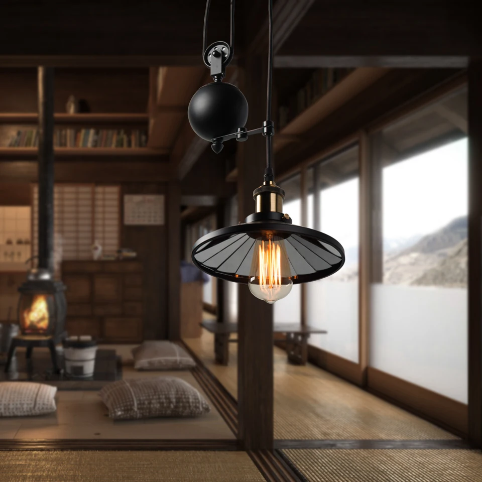 Подвесной светильник из черного железа с одной ручкой и зеркалом 22 см|pulley pendant light|pendant lightsedison bulb light fixture |
