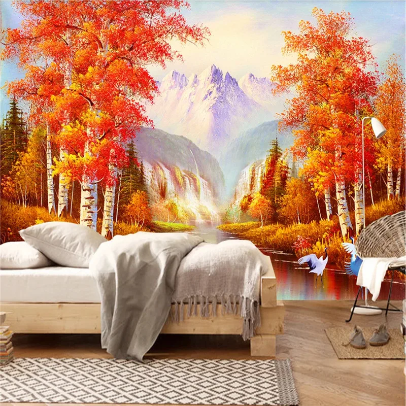 Осенний красный белый березовый лес пейзаж картина маслом 3D фото настенная
