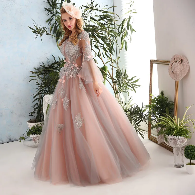 Robe De Soiree; Новинка; Пышное ТРАПЕЦИЕВИДНОЕ длинное платье для выпускного вечера с рукавами; роскошное кружевное платье принцессы с цветочным рисунком для банкета; вечерние платья
