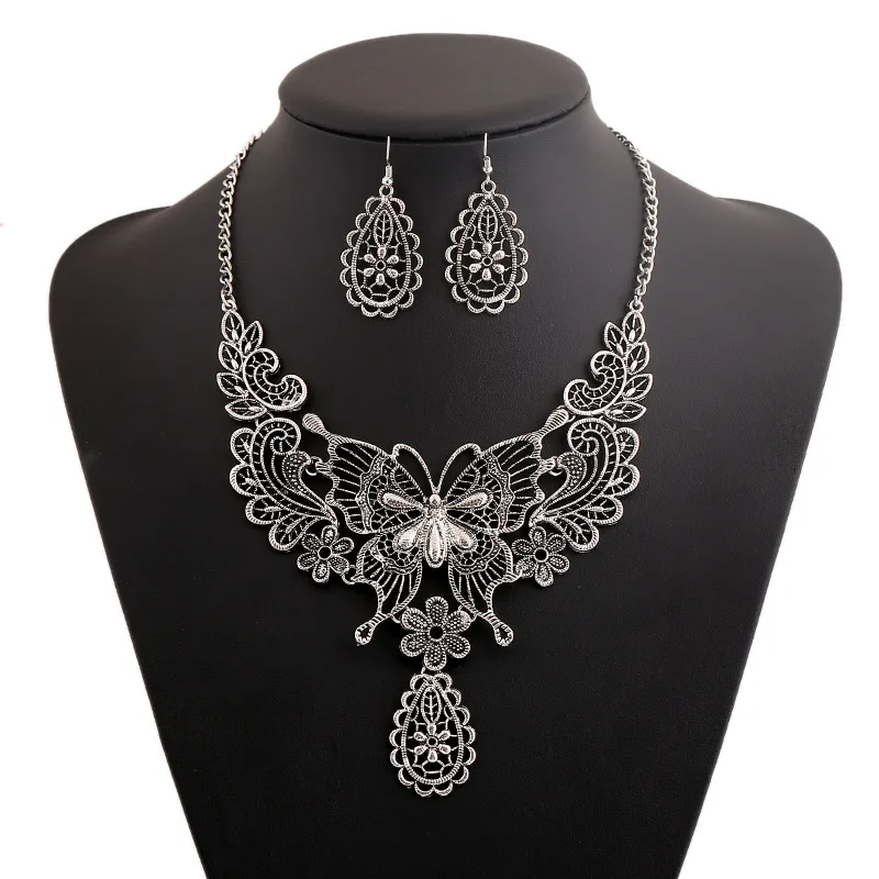 Vintage Antique Gold Butterfly Pendant Necklace Earring Jewelry Sets For Women Statement Choker Duftgold | Украшения и аксессуары