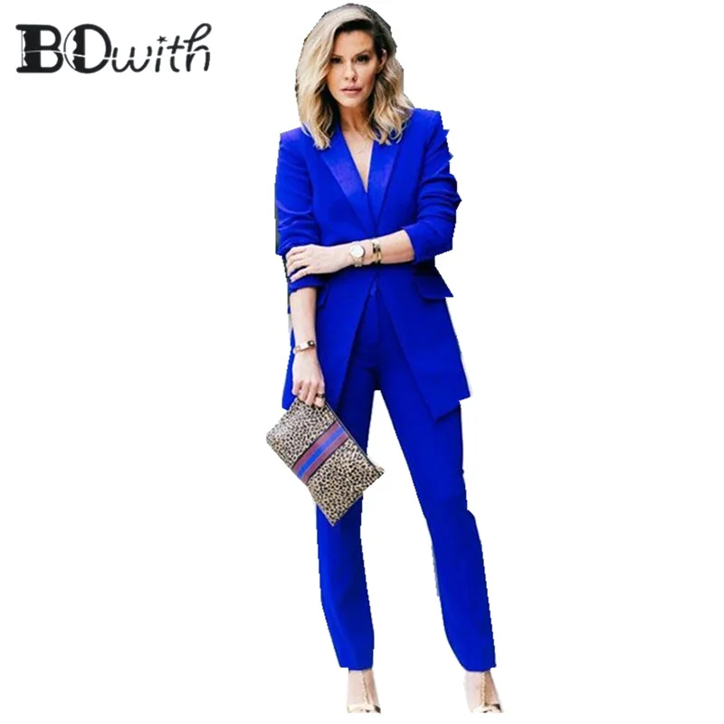 High Quality Royal Blue Women Pantsuits Work Pant Suits OL 2  Piece Sets Women Blazer Jacket & Pencil Pant Suit For Women Set