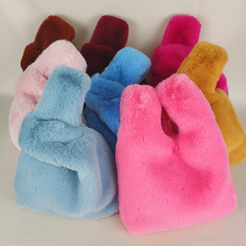 

Estelle Wang Casual Tote Faux Fur Top-handle Bags Fashion Women Winter Soft Pocke Samll Handbag Warm Clutch Candy Color Bag