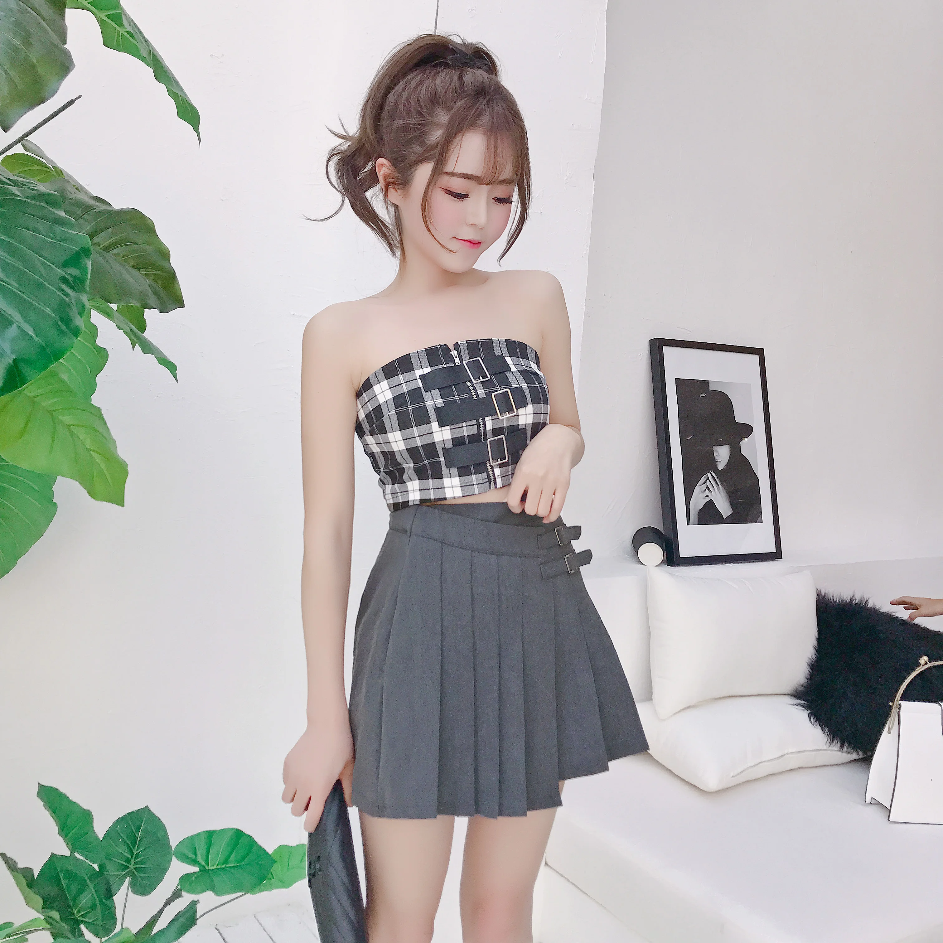 Princess sweet lolita tube top Vintage Personality Zipper Short sexy shoulder and belly exposed Plaid women XH132 Женская одежда