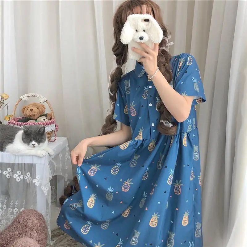 Летнее женское платье с принтом ананаса короткий рукав отложной воротник