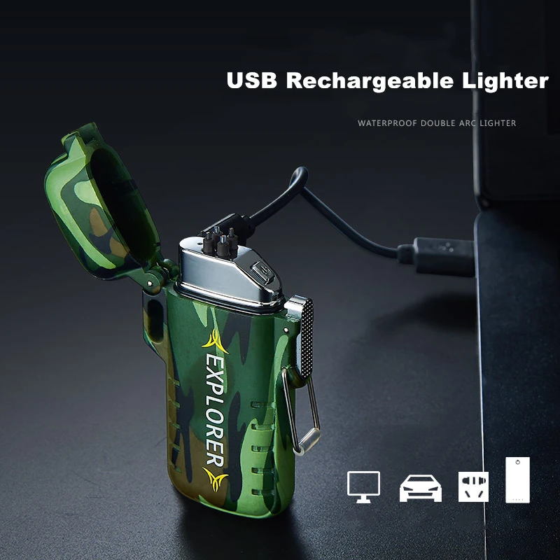 Наружная Водонепроницаемая зажигалка с длинным стропом, двойная дуга, USB электронные зажигалки, резиновое уплотнительное кольцо, перезаряжаемая дуговая Зажигалка для прикуривателя