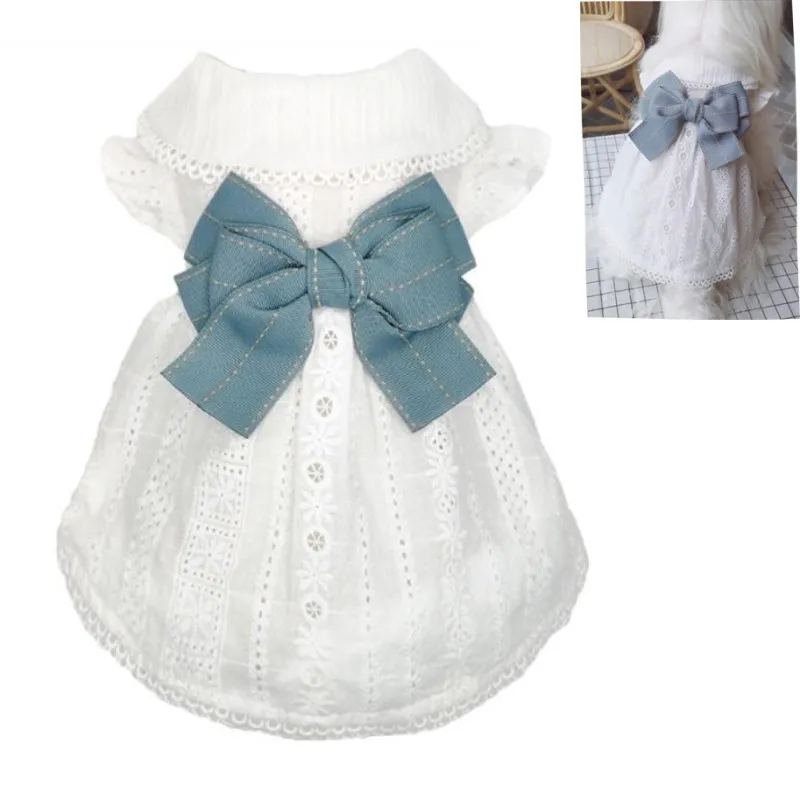 

Pet Dog Clothes White Lace Mesh Heart Pattern Sleeveless Small Dog Dress Bow-knot Buds Pet Clothing For Wedding Party