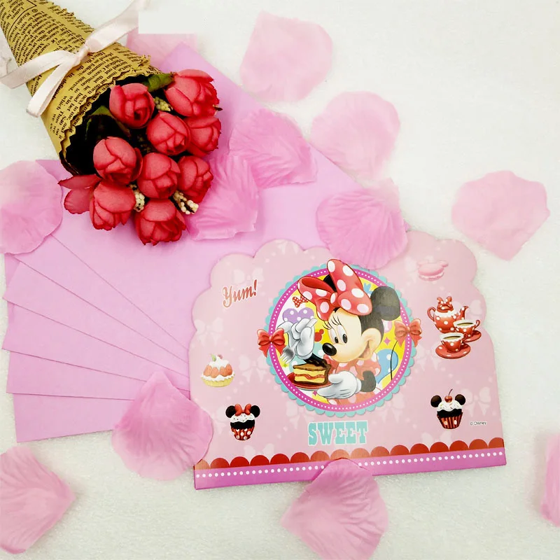 invitation card 6pc Минни Маус с днем рождения Детские вечерние украшения салфетка для посуды тарелка чашки коробки скатерть баннер красный розовый подарочный набор - Цвет: invitation card 6pc