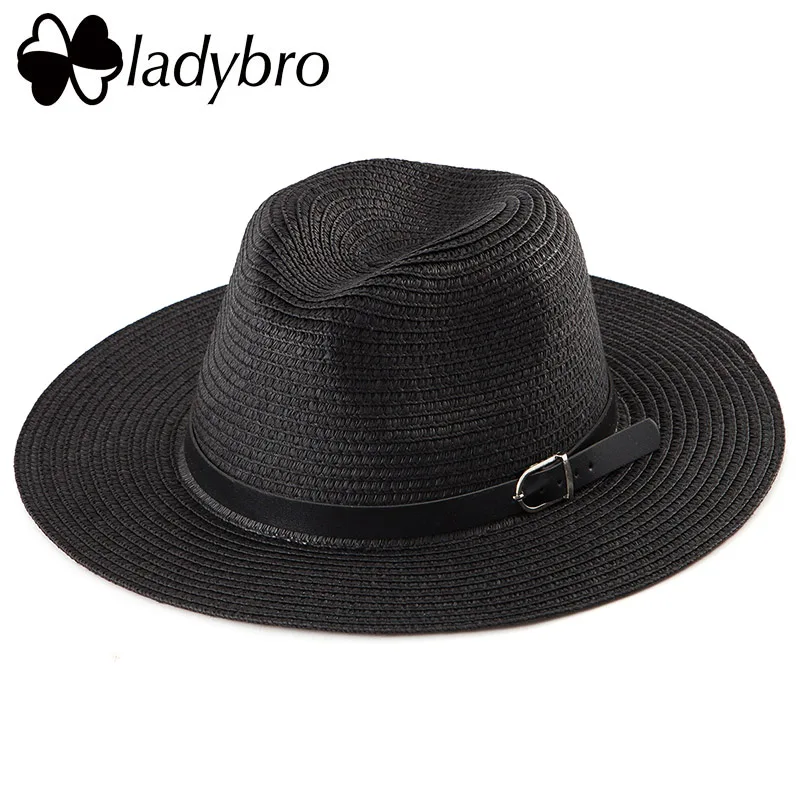 25803 Black Ladybro Летняя женская шляпа с широкими полями, пляжная шляпа от солнца, Панама, соломенная шляпа, мужская фетровая шляпа, солнцезащитный козырек, кепка для мужчин, Sombrero Chapeau Femme - Цвет: 25803 Black