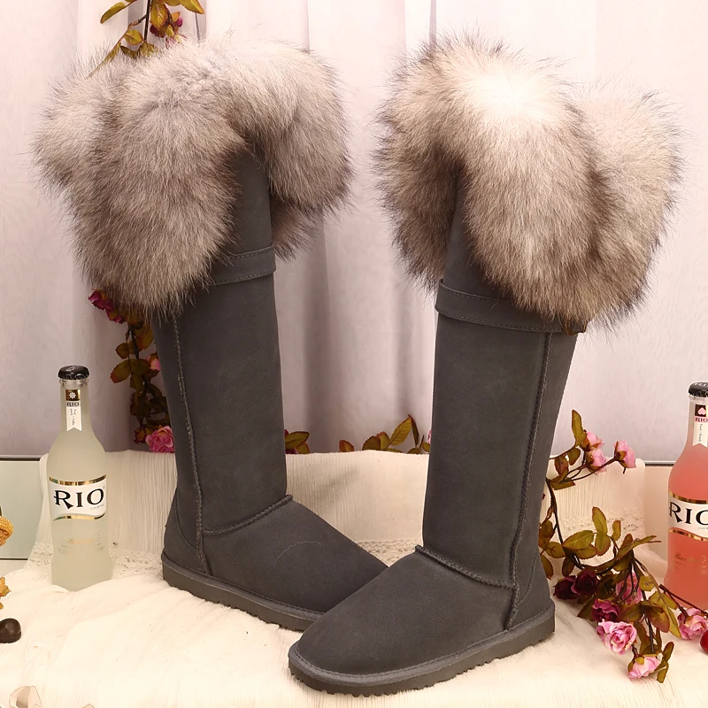 Зимние сапоги на платформе зимние сапоги из натуральной кожи с лисьим мехом модные сапоги высокого качества женские зимние сапоги на меху из водонепроницаемой шерсти - Цвет: Серый