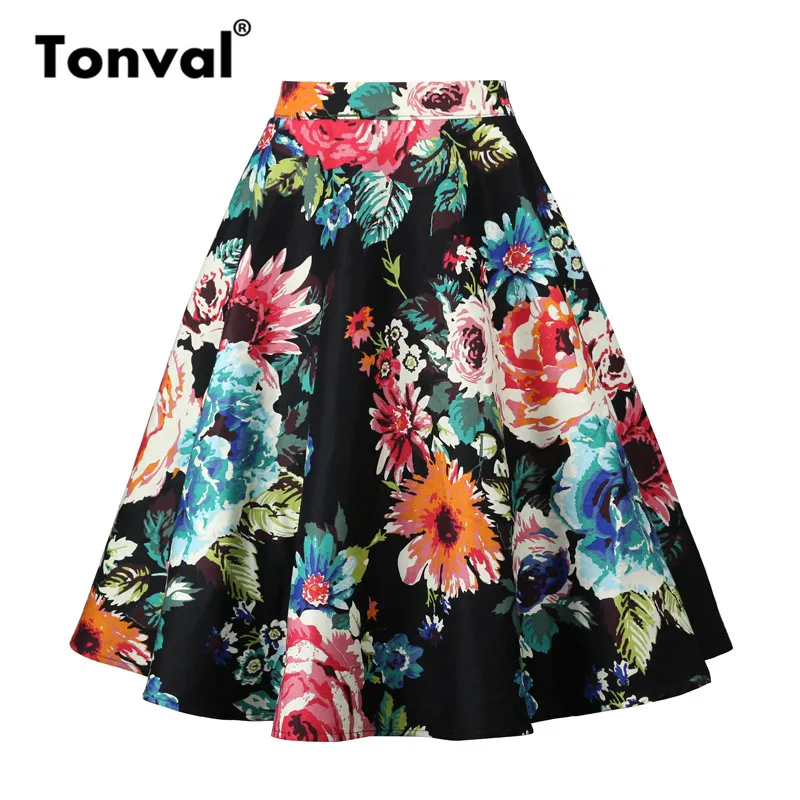 Color 4 Tonval, трапециевидная юбка миди с цветочным рисунком, Ретро стиль, высокая талия, хлопок, винтажный стиль, юбки для женщин, цветочный принт, элегантная юбка - Цвет: Color 4