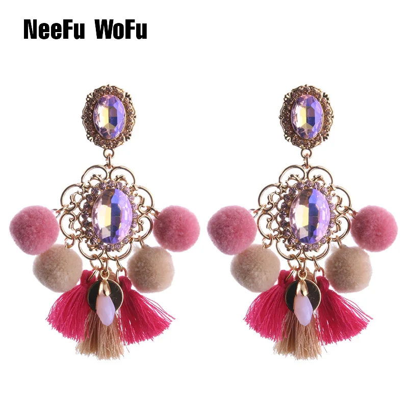 Большие серьги NeeFu WoFu гвоздики с помпоном кисточками оптовая продажа Кристальные
