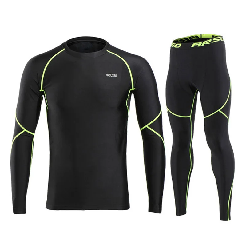 Black Green Set Мужские зимние спортивные велосипедные базовые слои термобелье мужские для лыж/пеших прогулок/сноуборда - Цвет: Black Green Set