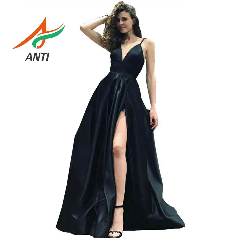 

ANTI Black A Line Prom Dress Sexy Deep V Neck High Slit Long Evening Gowns For Women Plus Size Cheap Special Event Party Dresses