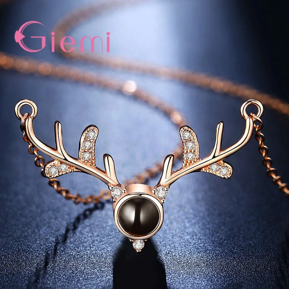 

4 Styles CZ Stone Lucky Deer Horn Projection Necklace Rose Gold 100 Languages I Love You Elk Pendant Necklaces Christmas Gift
