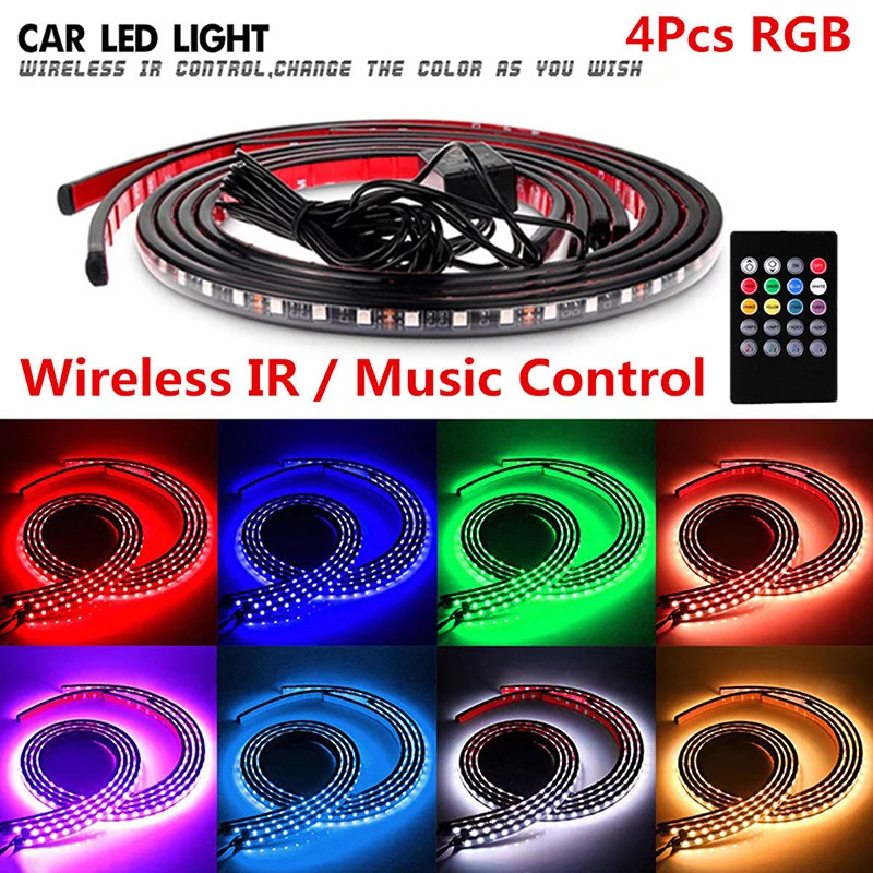 

4 шт./компл. RGB Светодиодные ленты под автомобиль Underglow днища музыка Управление неоновый светильник