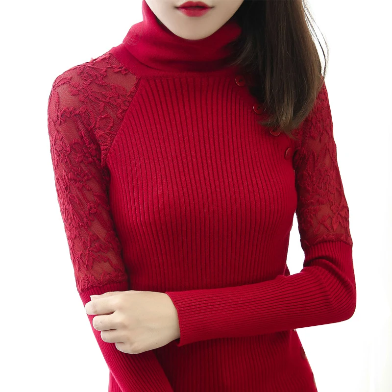 Autumn Winter Women Turtleneck Sweater New Lace Panel Long Sleeve Pullover Pull Knit Bottoming Shirt Elegant Female Tops | Женская