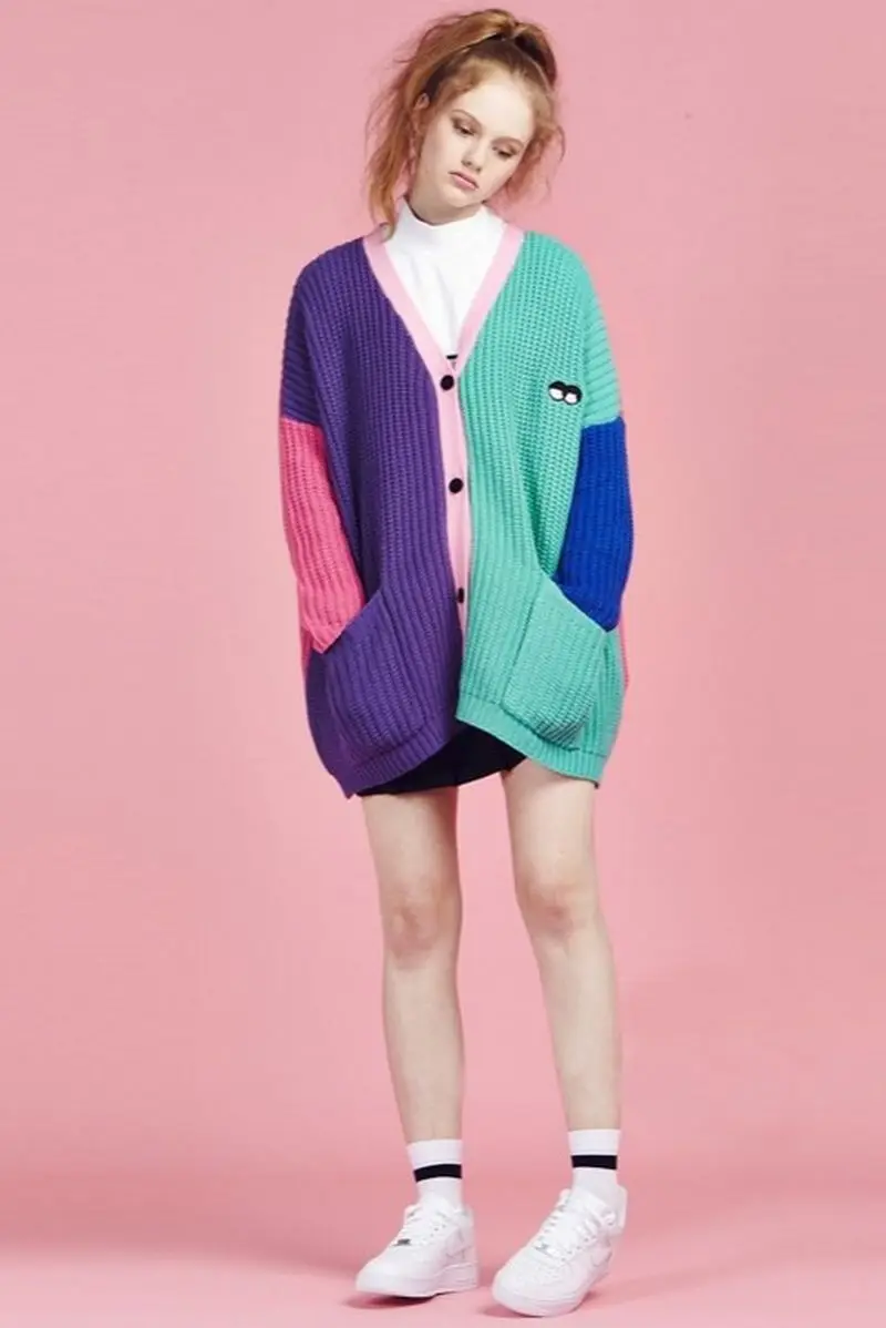 Vintage lazy oaf cropped sweater Cardigans rainbow block patchwork Button Folk Embroidered cardigan vintage knitted Winter |