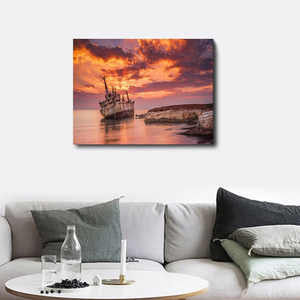 Laeacco Boat Seaside Wall Artwork Sunrise Canvas Painting Posters Prints Pictures Living Room Bathroom Home Decoration | Дом и сад