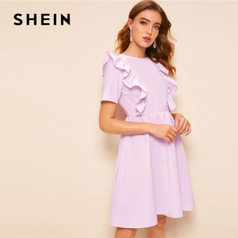 SHEIN однотонное платье миди на молнии сзади с рюшами и проймой женское летнее платье с круглым вырезом и коротким рукавом милое расклешенное ТРАПЕЦИЕВИДНОЕ ПЛАТЬЕ С Высокой Талией