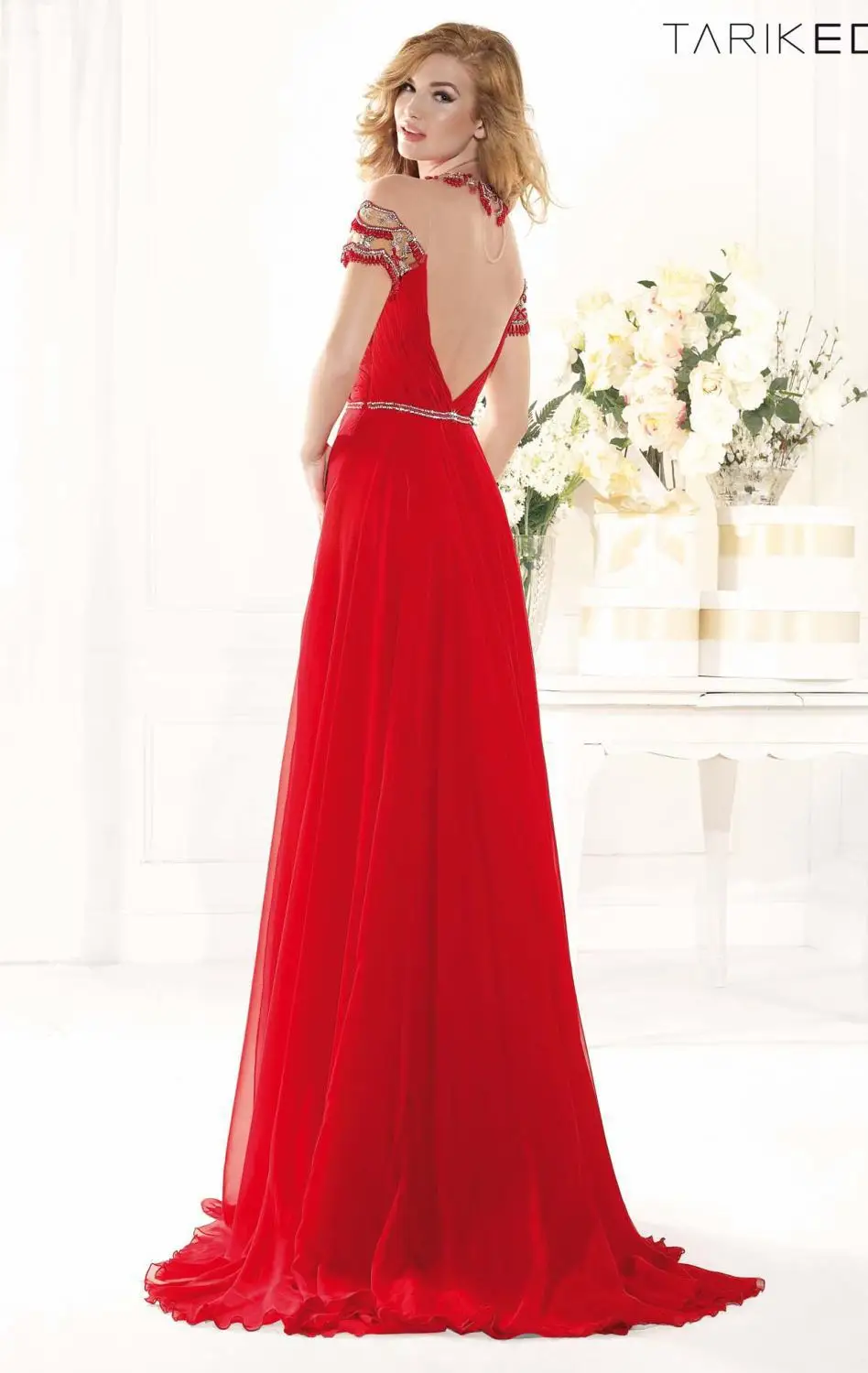 2014 Vestidos A-line High Collar Cap Sleeves Court Train Red Chiffon Beaded Long Party Elegant Evening Dresses Prom Gown | Свадьбы и