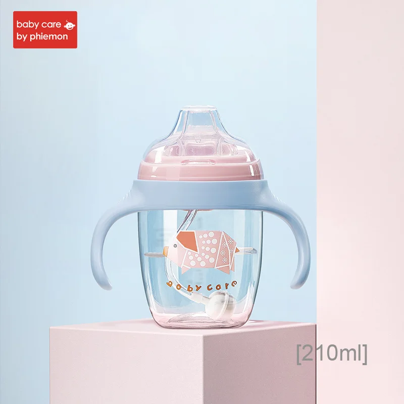 pink-210ml Милая детская соломенная бутылочка для воды, силиконовая бутылочка для кормления младенцев, стандартный гравитационный шар, откидная крышка, герметичная Тренировочная бутылочка Тритан - Цвет: pink-210ml