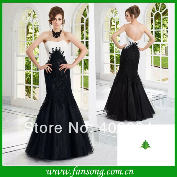 FS-1403211310 Sexy mermaid appliqued sweetheart floor length white and black evening dress 2014 | Свадьбы и торжества