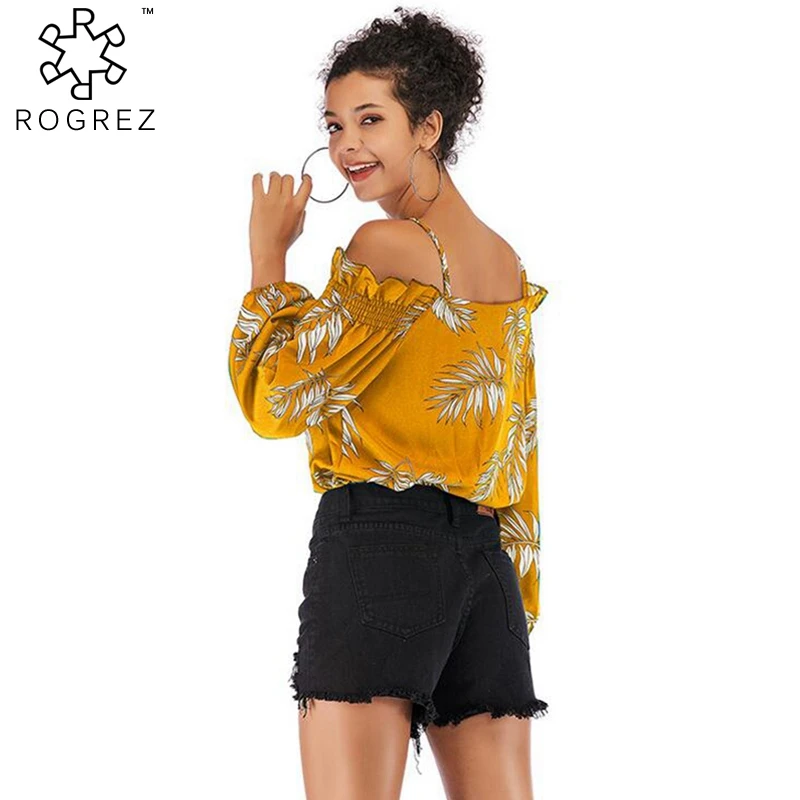 ROGREZ Red Yellow Green Casual Floral Chiffon Shirt Tops Slash Neck Strap Blouse Spring Summer Women Long Sleeve Shirts 2019 |