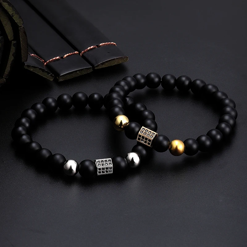 Браслет мужской из натурального камня регулируемый черный с фианитами |