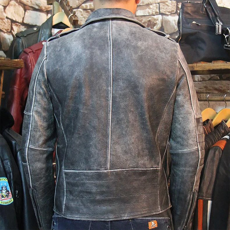 

2016 New Men Vintage Black Leather Biker Jacket Diagonal Zipper Genuine Cowhide Short Slim Fit Men Motorcycle Coat FREE SHIPPING