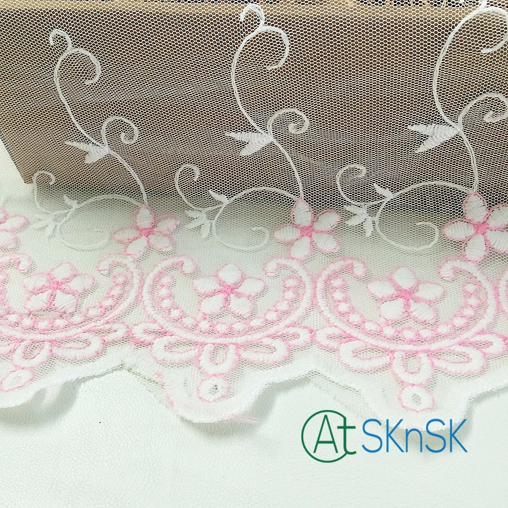 

500 yards/ lot Hot sale lace wholesale 17cm Width pink flower french fabric lace dress accessory embroidered lace ribbon