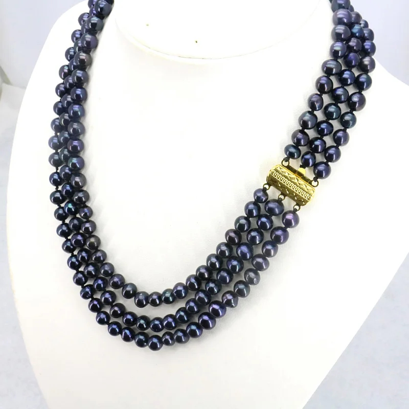 

The 3 row Black freshwater pearl necklace 7-8mm 17-19inches 2 piece/lot DIY wholesale suitable for women wear jewelry necklace