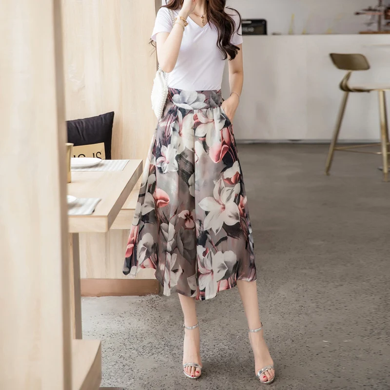 Drape high waist wide leg pants female summer thin section loose chiffon cropped trousers skirt 2020 new floral beach lady | Женская