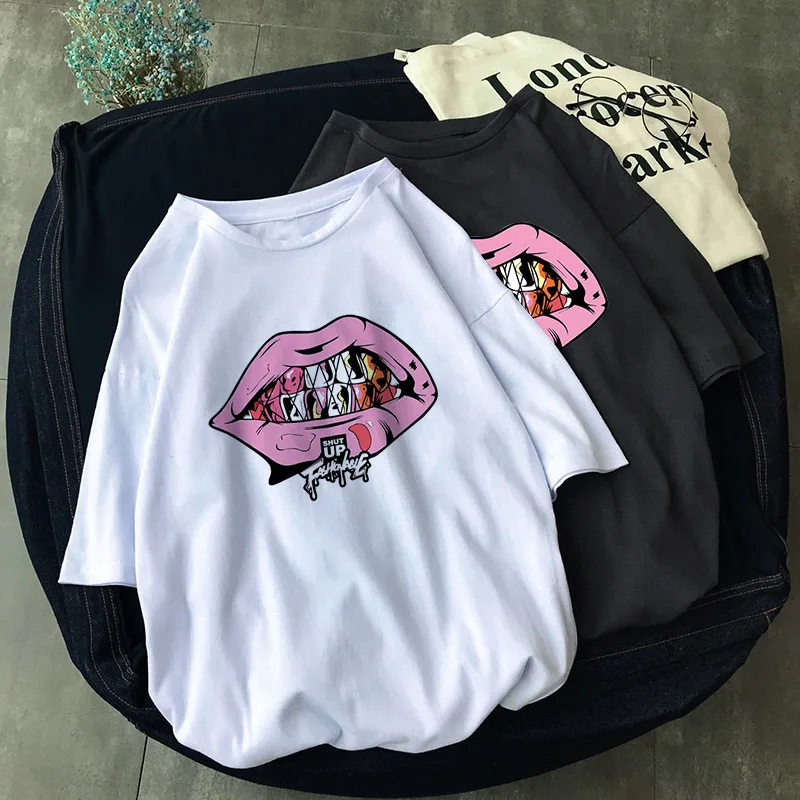 Пародия Harajuku губы мультфильм белая женская футболка 2019 Новая летняя Новинка
