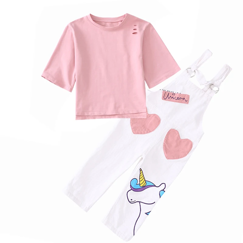 pant and Tee Новые джинсовые штаны для девочек Летний комбинезон с единорогом для девочек, повседневный комбинезон для маленьких девочек детская одежда для детей от 2 до 10 лет - Цвет: pant and Tee