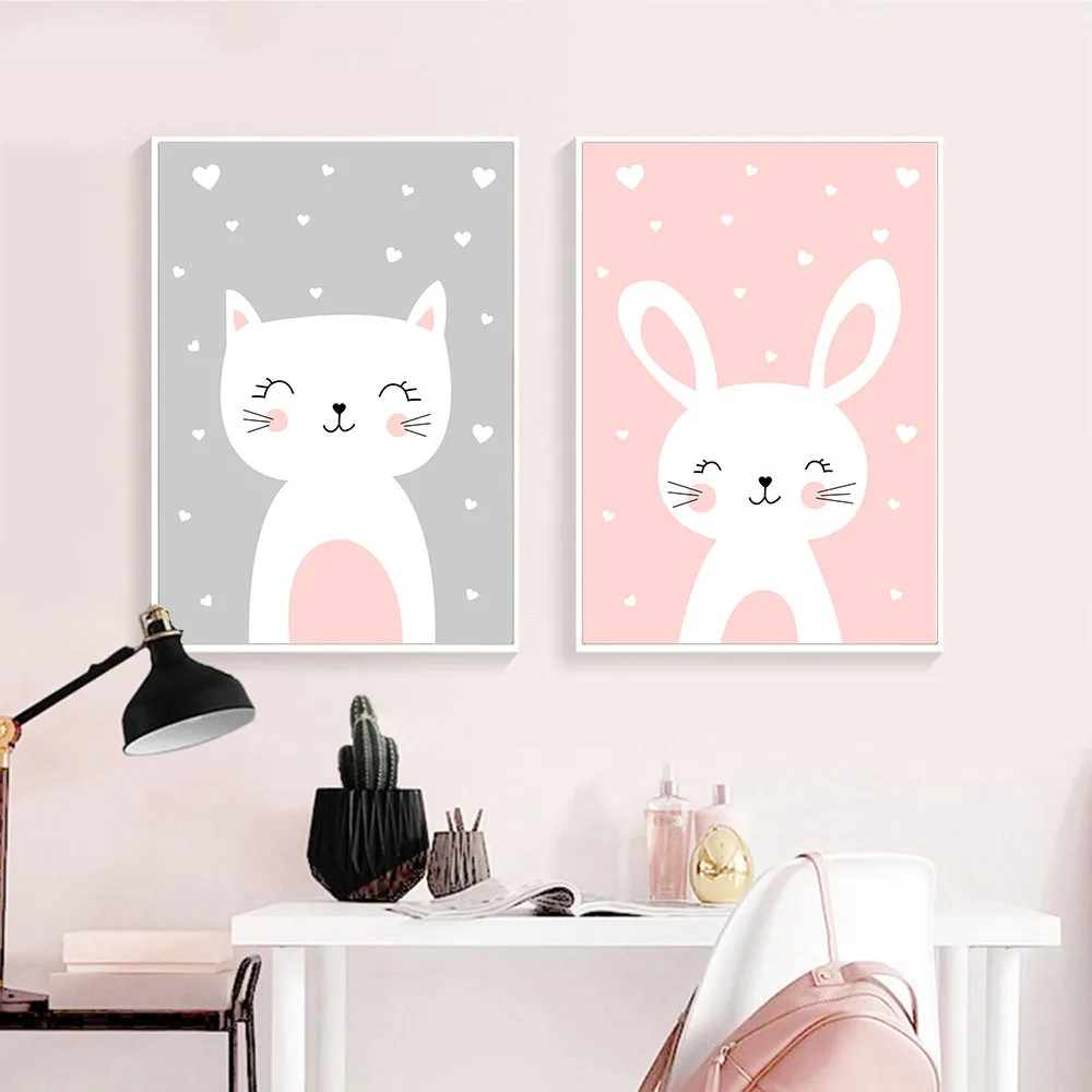 

Cute Wall Art Canvas Nursery Poster Print Cartoon Cat Rabbit Painting Nordic Kids Decoration Picture Baby Living Room Decor