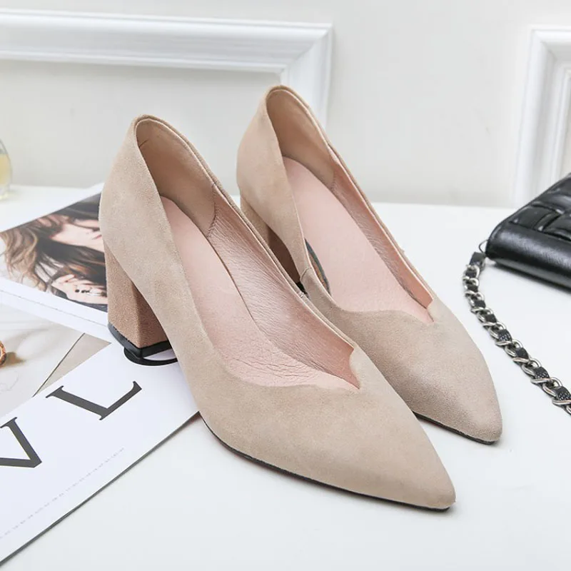 

Spring/Autumn Women Pumps Lady Shoes Genuine Leather Flock Square High Heels Pointed Toe Fashion Slip-On Shallow Solid Stilettos