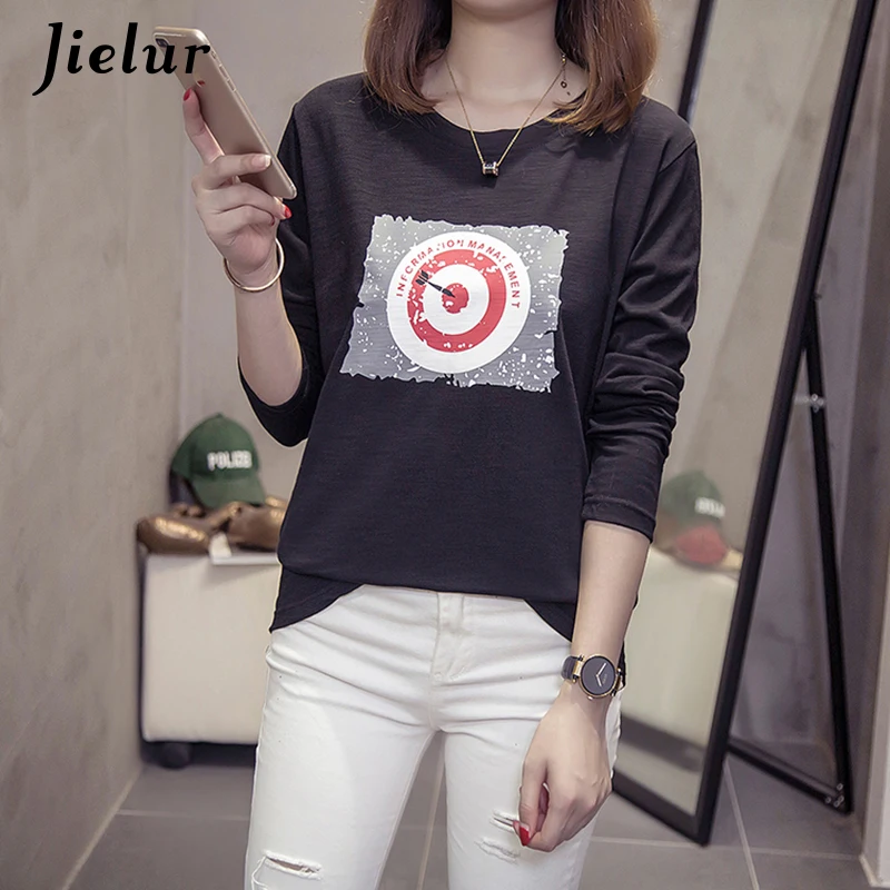 Jielur 2019 Новые Креативные женские футболки с принтом Осенняя Хлопковая женская