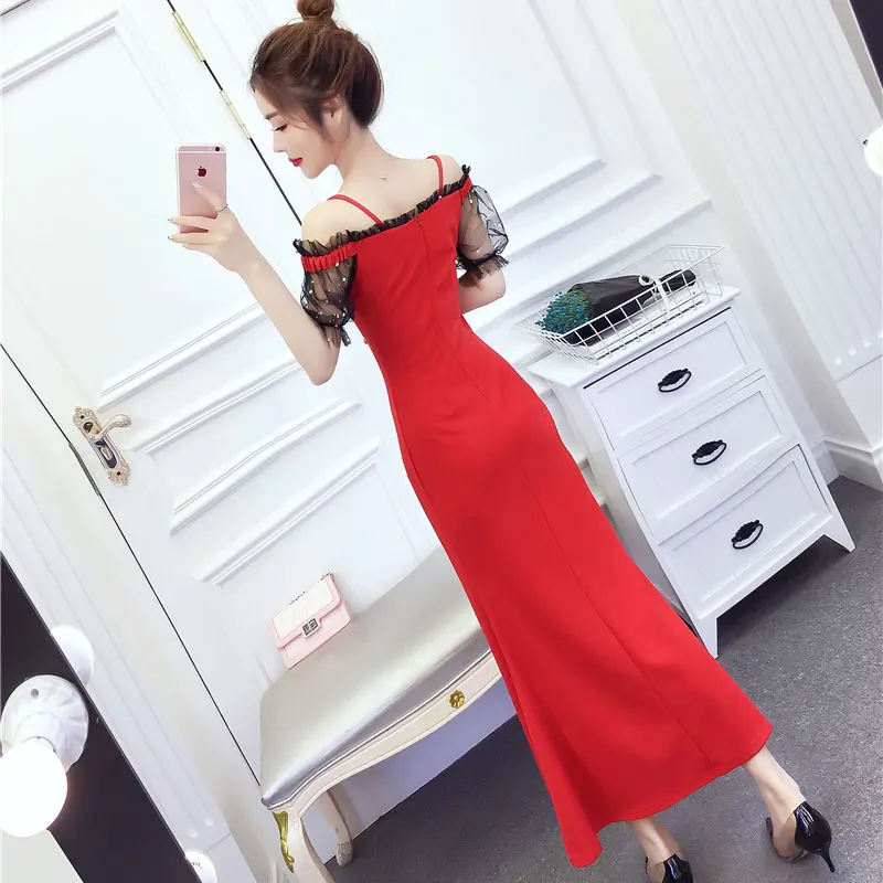 Корея 2019 Лето Новое модное с лямками звезды блестки сетки сшивание длинное