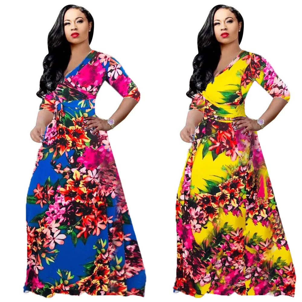 

2019 new arrival autumn elegent fashion style african women printing plus size long dress S-XXL