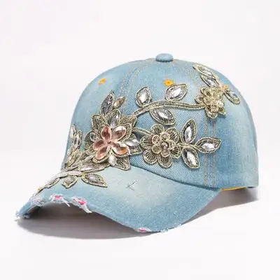 Denim Blue1 BINGYUANHAOXUAN, женская бейсболка винтажная с роскошными стразами в ковбойском стиле, кепка с цветочным принтом, женская шапка со стеклянными алмазами высокого качества - Цвет: Denim Blue1