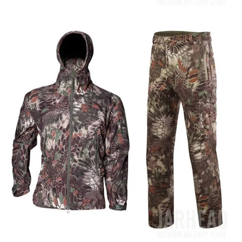 Hot Winter Men Outdoor Camping Hunting Hiking Camouflage Sets Tactical Waterproof Shark Skin Soft Shell Fleece Jacket Pants Suit