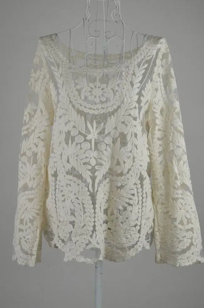 Blusas Femininas, женская сексуальная Кружевная блуза с длинным рукавом, топы, модные Ажурные вязаные топы