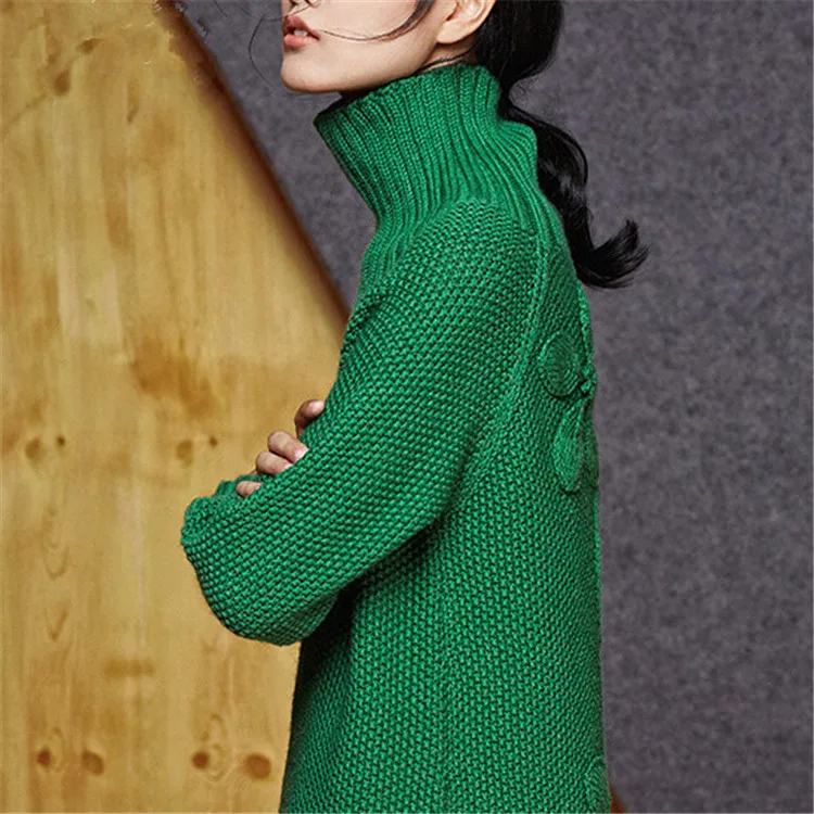 100% hand made pure merino wool thick knit women fashion long sweater dress high neck 7color retail wholesale customized | Женская