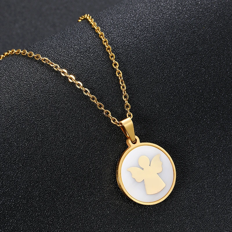 Fashion Cute Angel round pendant necklaces Gold/Steel color for women Stainlesss steel Shell necklace jewelry gift Bijoux | Украшения и