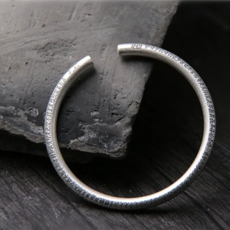 

Handmade 999 Sterling Silver Carved THE HEART OF PRAJNA PARAMITA SUTRA Bangles For Men Women om mani padme hum Bangle Jewelry