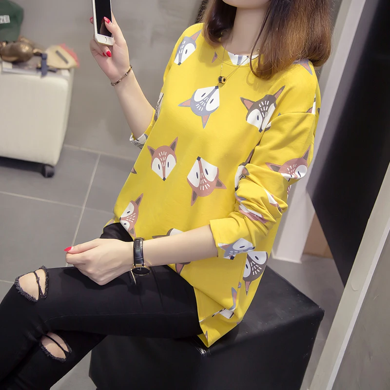 Doornot O-neck Big Tshirt New Autumn Women Casual Loose Long sleeve Fox Plus size Tops Cotton Oversize 3XL 4XL T shirts Tee | Женские