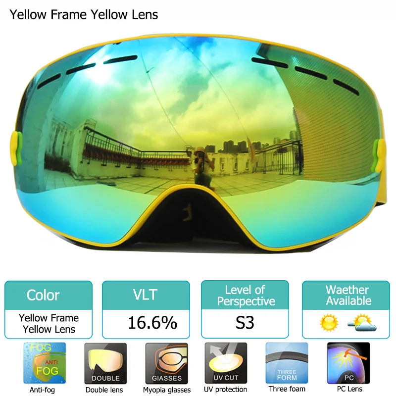 Yellow UV400 Анти-туман двухслойные лыжные очки большие линзы Лыжная маска очки лыжный снег сноуборд очки зеркальные поляризационные очки для мужчин - Цвет: Yellow