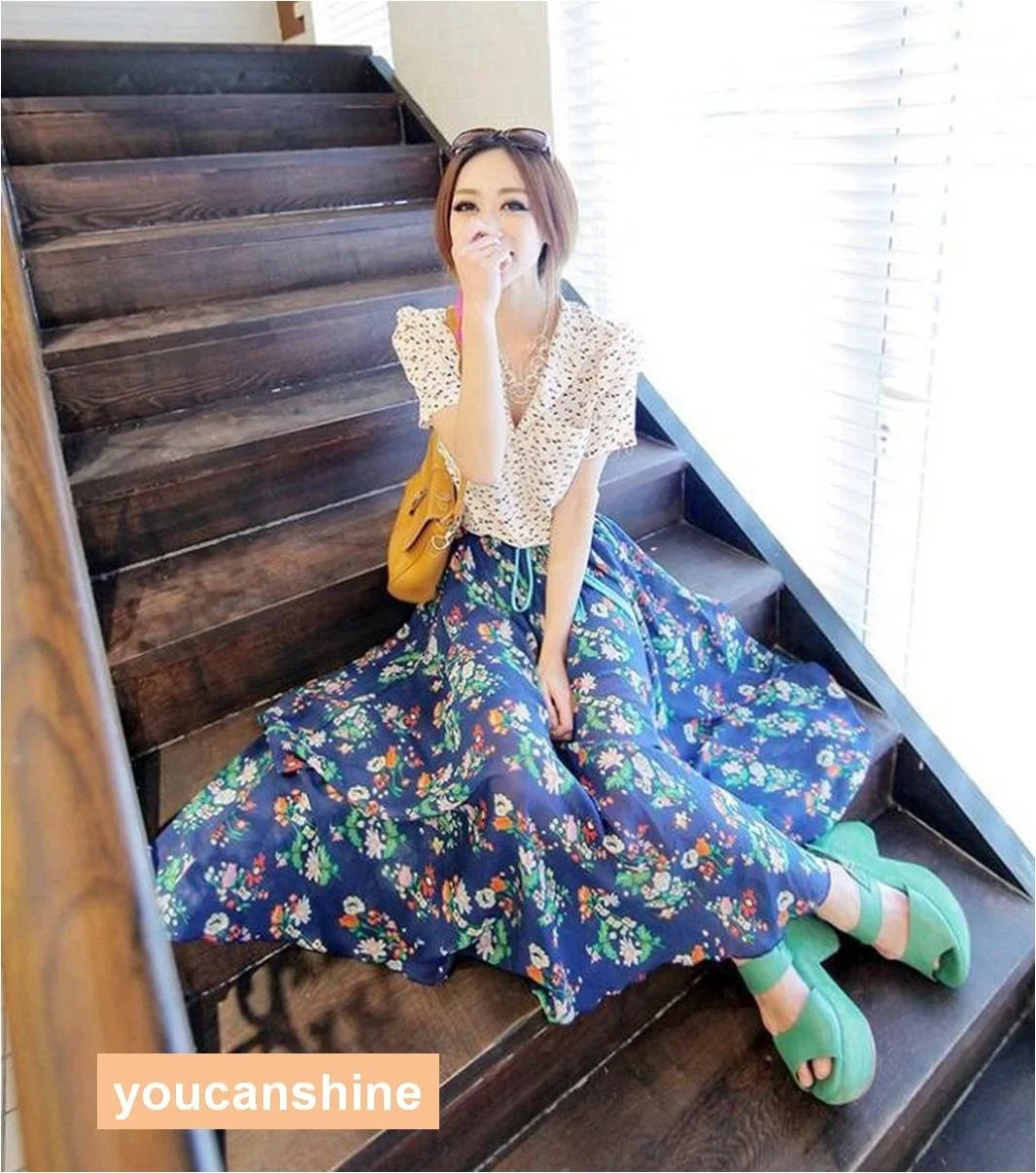Womens Pleated Boho Bohemia Beach Flower 2 Layer Elastic Waist Long Skirt New | Женская одежда